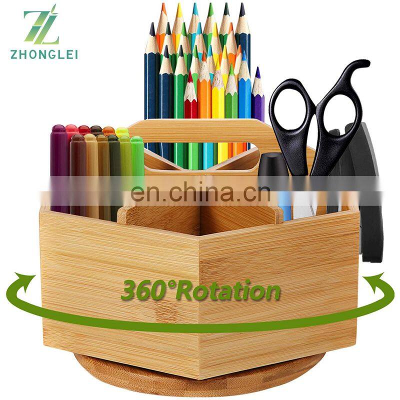 Rotating Pencil Pen Holder with 6 Compartments Bamboo Art Supply Organizer Office Supplies Desktop Storage Caddy with handle