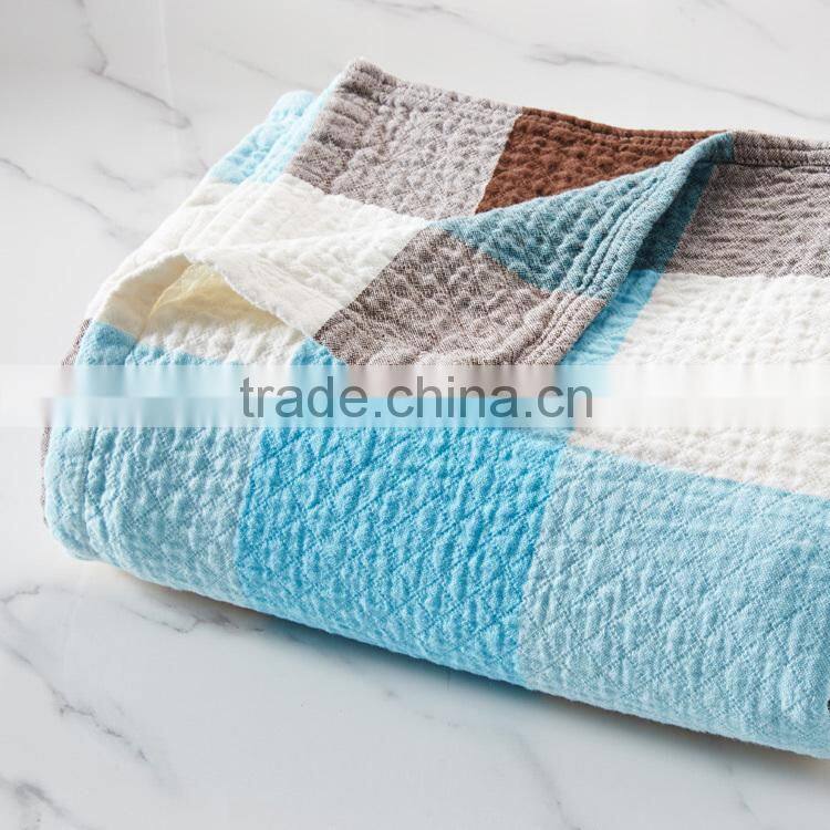 Best selling bright colour summer home use breathable cotton gauze plaid reactive printed towelling coverlet