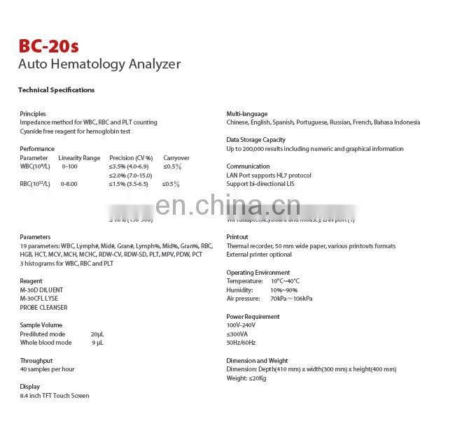 Mindray Auto hematology analyzer mindray bc-20s with wifi port for medical laboratory equipment BC-20S