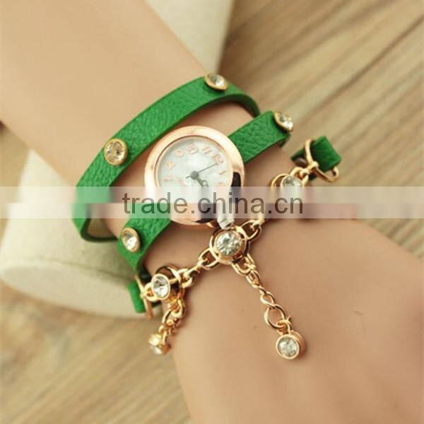 2015 Leather Strap Vintage Bracelet Lady Watch Relojes With Pendant