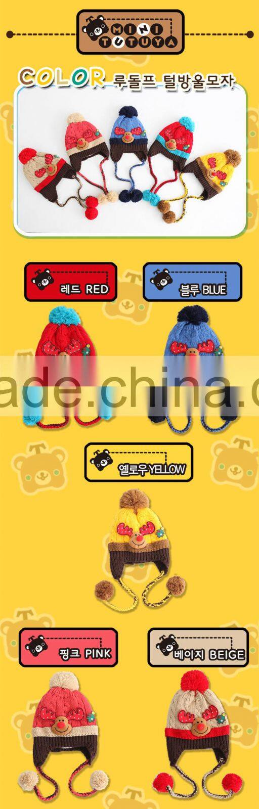 Newest Christmas Tree and Deer Head Applique Pigtail Pom Pom Baby Kids Knitting Winter Caps and Hats