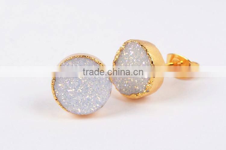 10mm round natural agate titanium AB druzy stone stud earrings