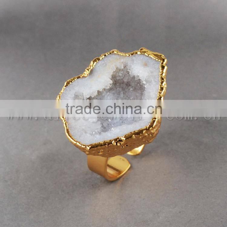 Fashion Vintage Antique Ajustable Golden Plated Druzy Geode Agate Statement Wide Ring
