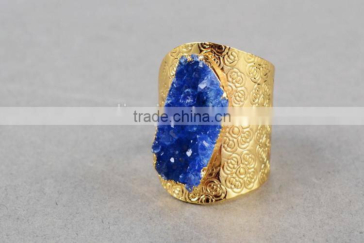 Golden hammered wide druzy ring cocktail ring adjustable band gemstone ring with stone