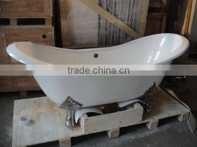 rectangular freestanding cast iron bathtub with wooden cradle