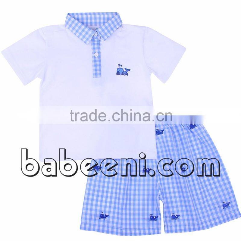 Sailing boat applique polo short set for boys