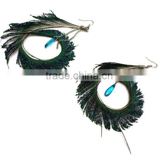 Long natural Peacock feather dangling earrings