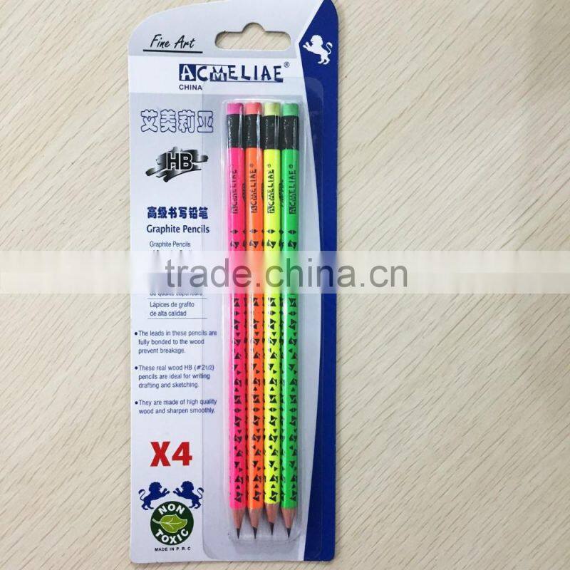 Standard size round shape neon color body soft wood blister card HB pencil with heat rolling logo