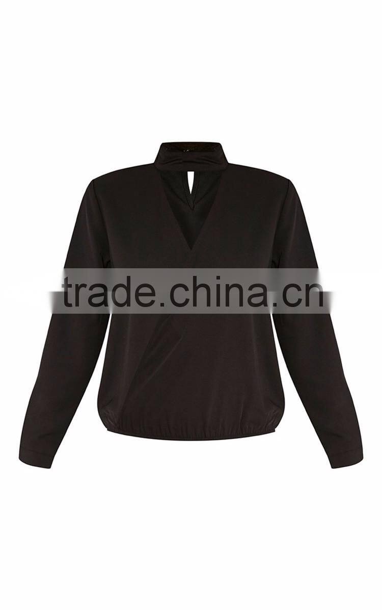 Hot selling well v-neck fashion long sleeve casual cotton blouse