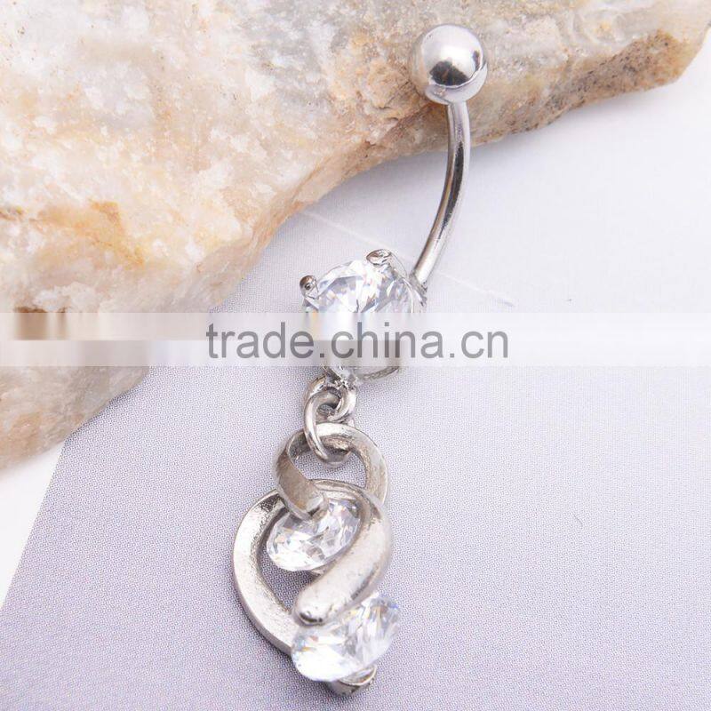 Big Zircon Inlay Dual Hearts lining Dangle Belly Button Naval Ring.