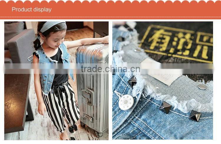 Wholesale Stylish Stud Pure Color Joker Sleeveless Girl Jeans Coat, Denim Children Cardigan