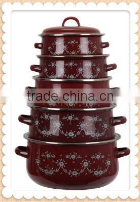 High Quality Pattern Wine Red Enamel Cookong Pot With Double Handle Enamel Cookware Set 5 Pcs Stock Belly Pot With Lid