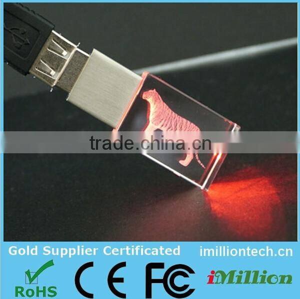 8GB Crystal USB Memory Flash With laser logo inside,LED light up the logo,Crystal USB Disk on key