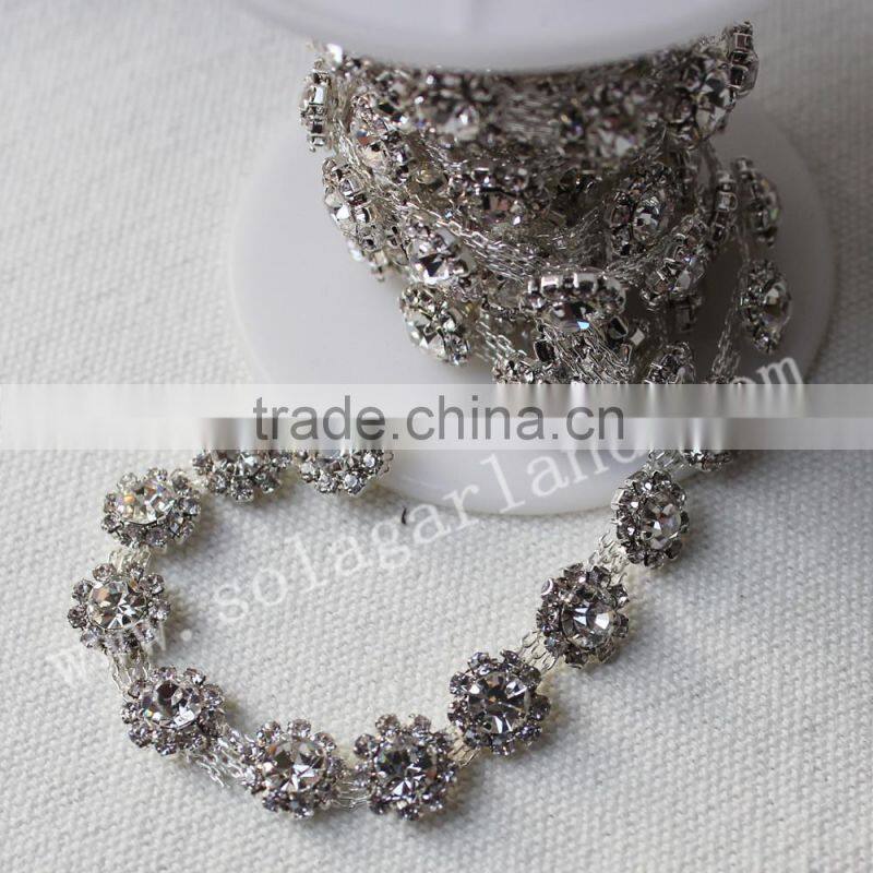 Wholesale 14MM Fake Diamond Trimming Chain Promotional Flower Rhinestone Ribbon For Wedding Dress Decoration
