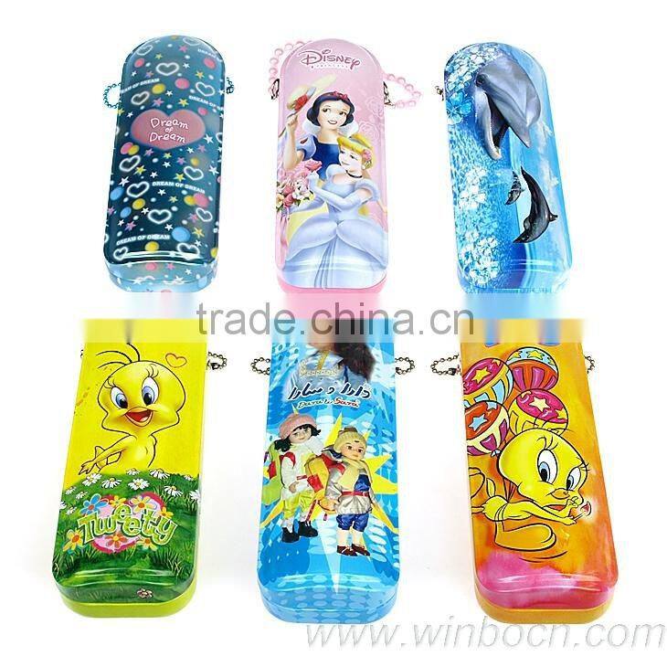 Two layers tin students pencil case with pencil sharpener inside