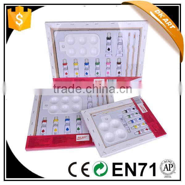 With 9 years ,factory supply,Painting set with 1pc stretched canvas,6pcs acrylic paints,1pc Brush,and 1pc palette