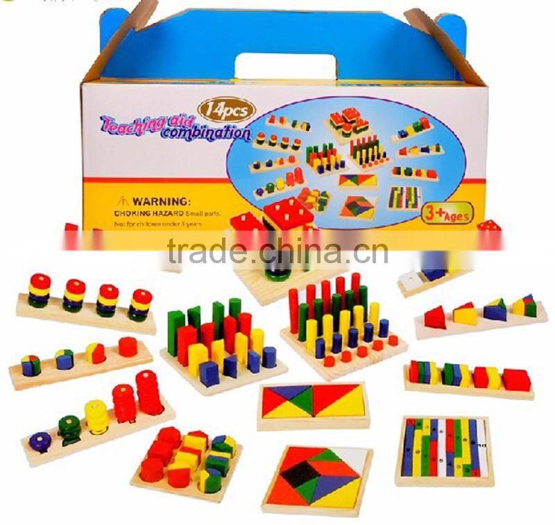 Early educational toy montessori with 14pcs wooden geometry blocks
