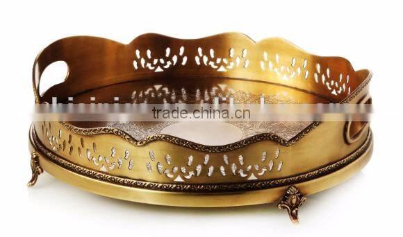 Retro Mirror Design Brass Hexagon Tray, Hand Engraved Bronze Serving Tea Tray With Handle, Luxury Home Decorative Tableware