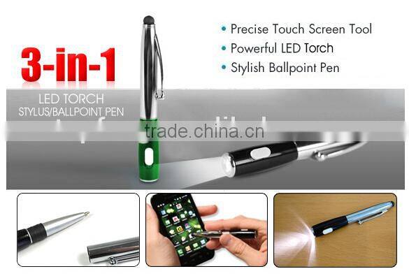 3-in-1 Stylus with Ballpoint Pen and LED Torch/stylus pens with glitter