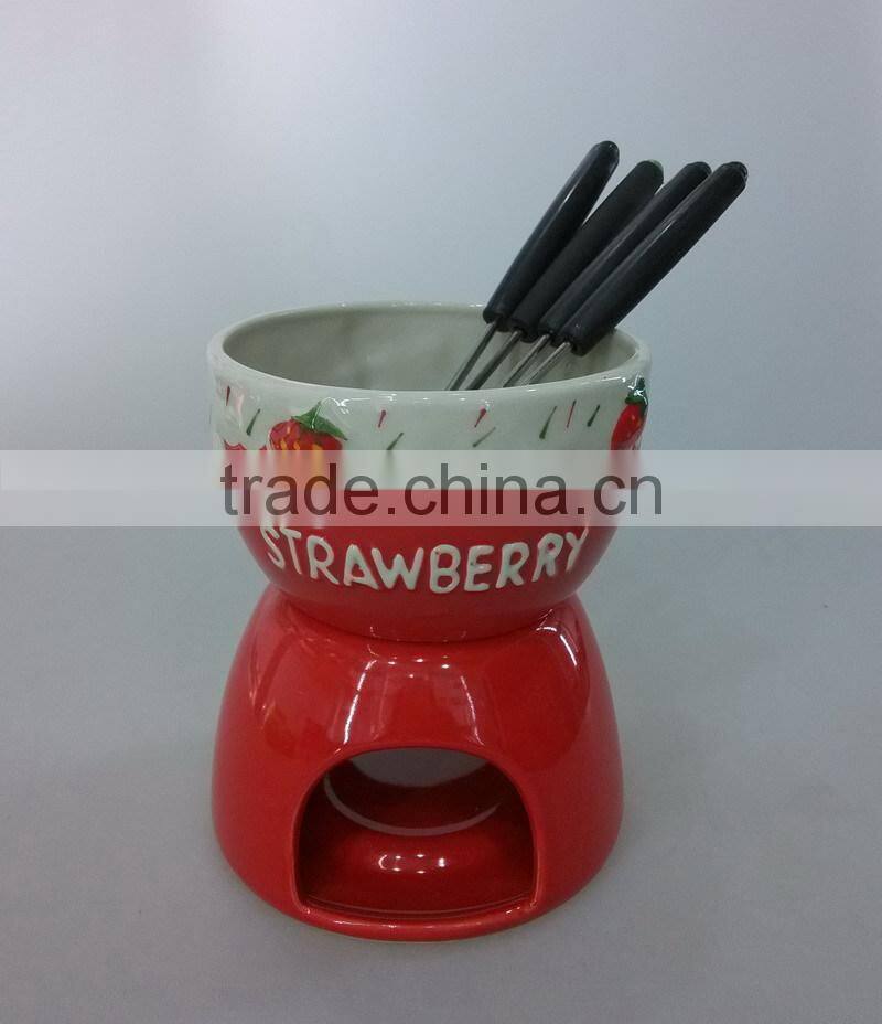 Ceramic Strawberry style red color cute fondue set