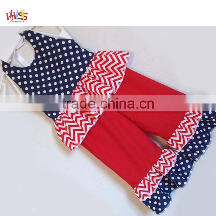 Red White and Blue Polka Dot and Chevrons Ruffled Pant Set Fashion Children Frocks Designs 2016 HSS7861
