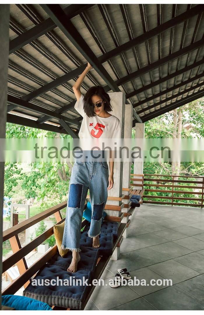 summer trendy exotic knee patches straight jeans fashion design