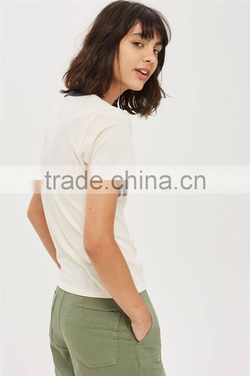 MGOO Wholesale Contrast Collar Stitching Short Sleeve T-shirt Women Silver Foil Print T Shirt Fitness