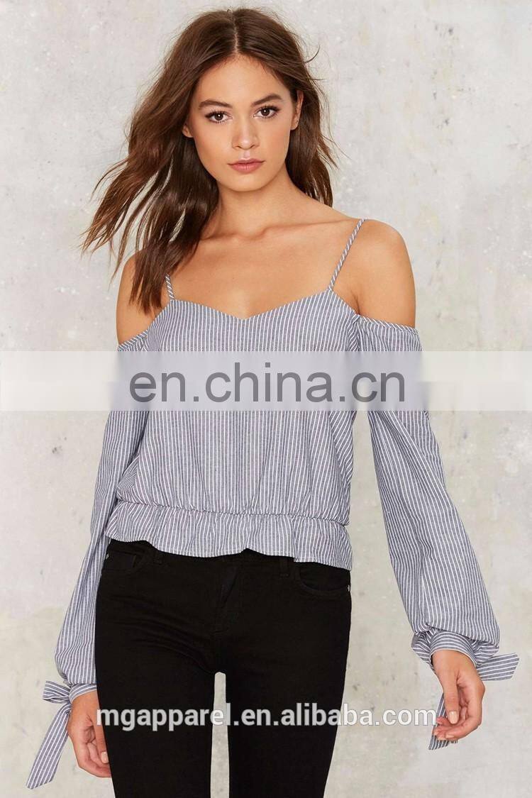 Women casual blouse designs cotton striped off shoulder blouse