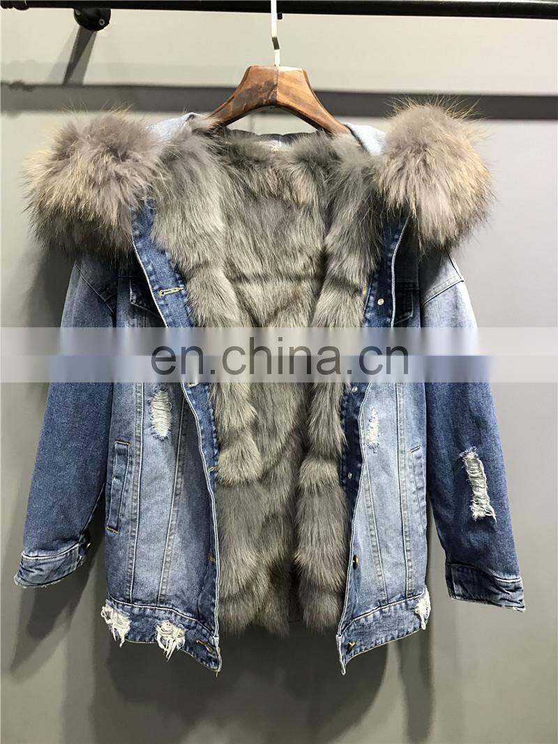 2017 Women Winter Removable Parka Coat Wholesale Real Fox Fur Lined Denim Jacket with Raccoon Fur Collar