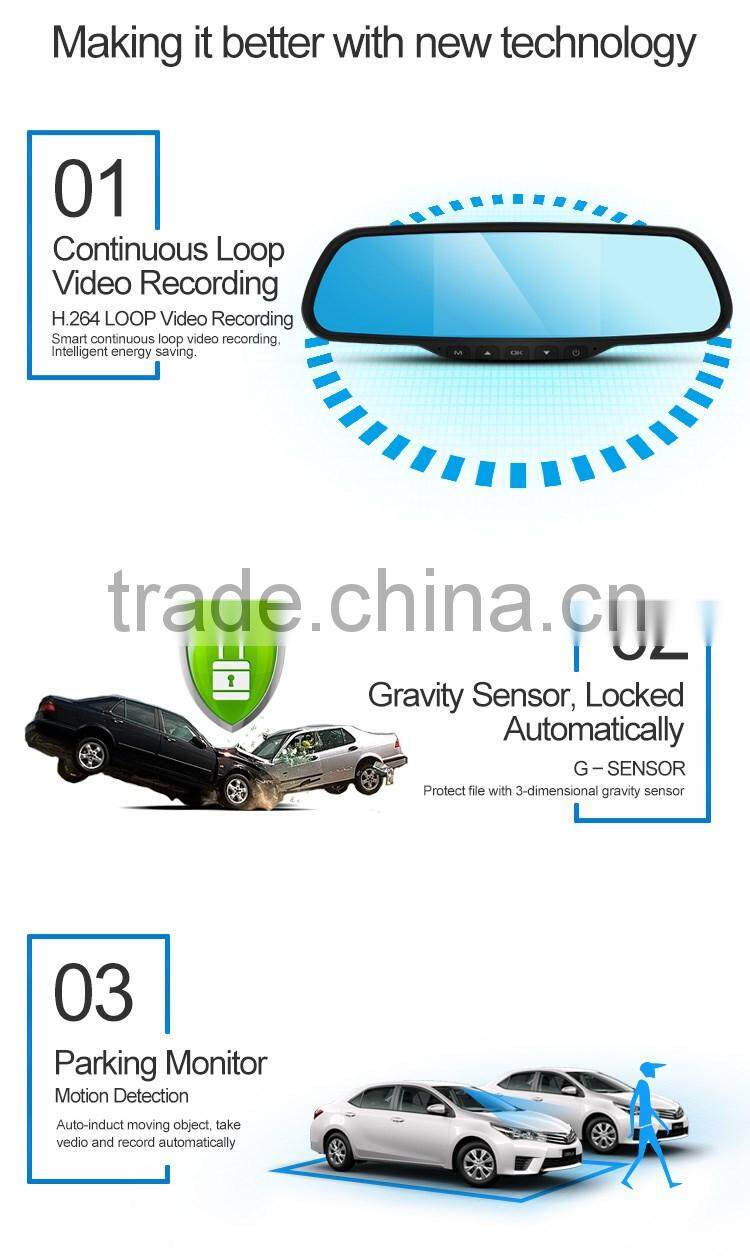 2016 hottest Full 1080P HD 5.0 inch dual rearview mirror dual dash camera 2 in 1 with G-sensor