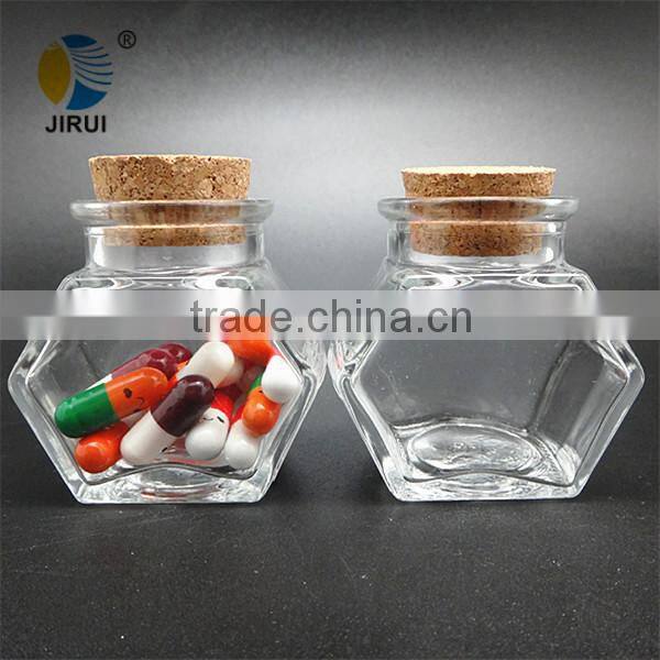 mini hexagon transparent glass food jar with cork