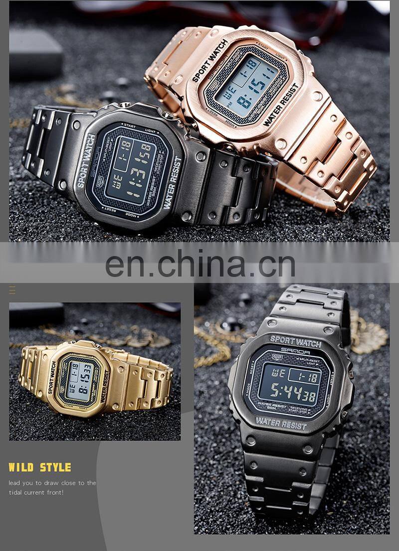 SANDA 390 Men Business Calendar Digital Watches Stainless Steel Week Display Back Light Waterproof Wristwatch