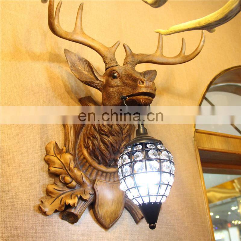 Nordic decorative antlers Antique rustic country village led deer head resin crystal glass wall mount lamp light for bars hotel