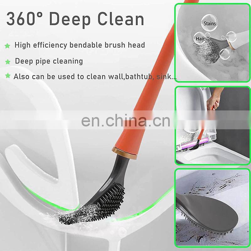 Silicone Toilet Brushes With Holder Set Wall-Mounted Long Handled Toilet Cleaning Brush Modern Hygienic Bathroom Accessories
