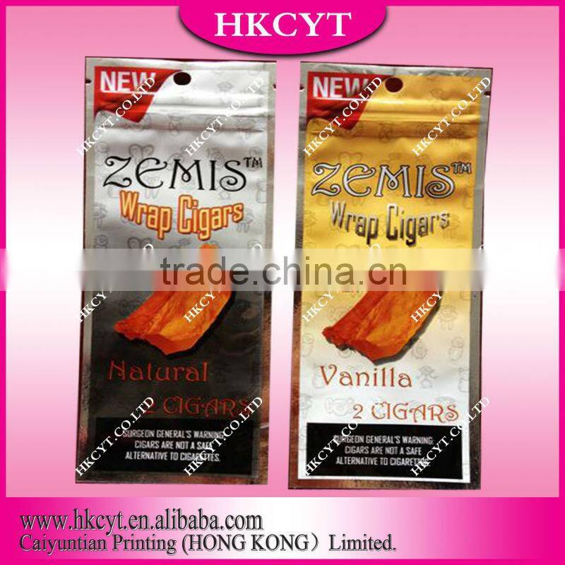 custom printing 3 sided aluminium foil cigar smoke bag with zipper