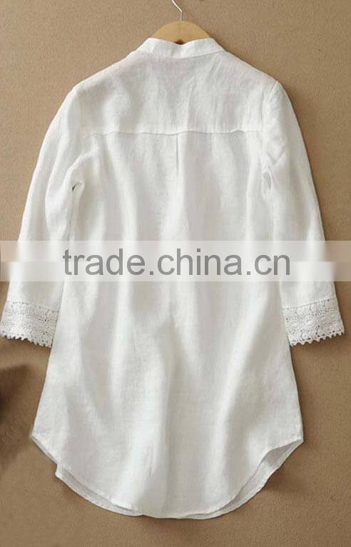 ladies' soft linen shirt plain dye fabric blouse long sleeve lace ornament top
