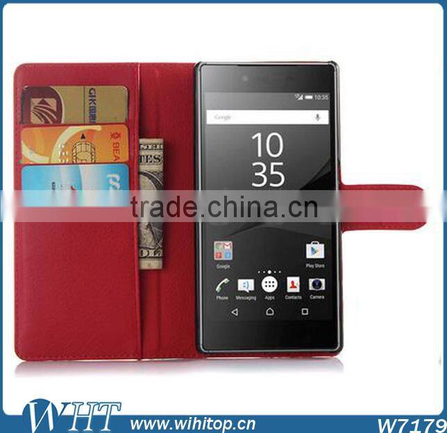 New Arrival Litchi Leather Wallet Flip Stand Pouch Cover Case for Sony Xperia Z5