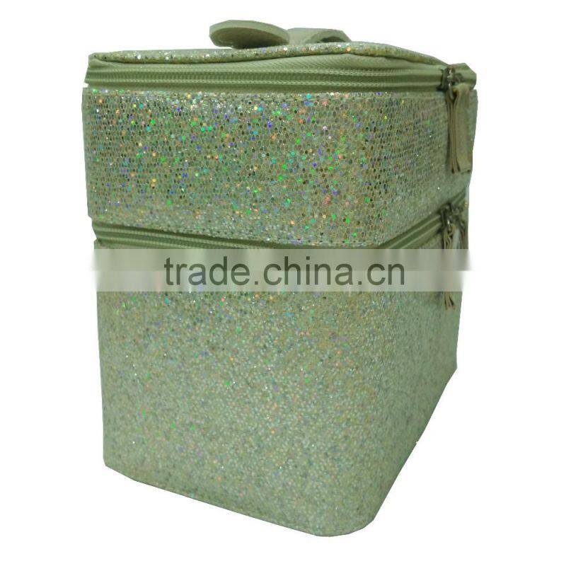 Yiwu bling double layers mirror solid sequin women luxury cosmetic bag