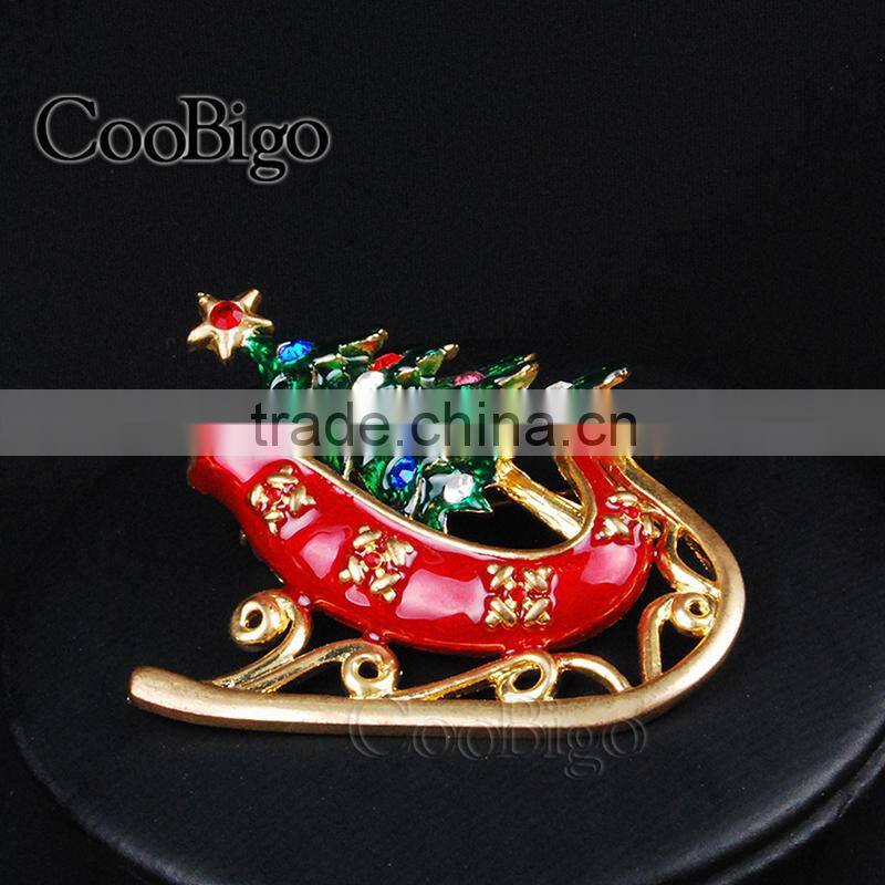 Fashion Charming Jewelry Bling Christmas Tree Red Sled Rhinestone Pin Brooch Wedding Christmas Party Gift Apparel Accessories