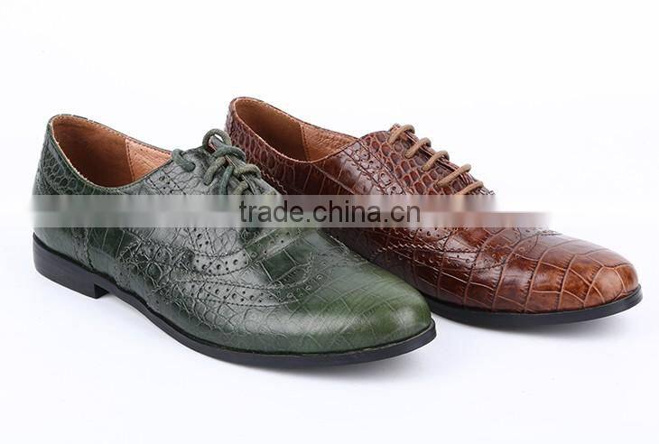 (E1133-3) Classic design crocodile leather comfortable flat casual lace up oxford lady leather shoes with punching holes