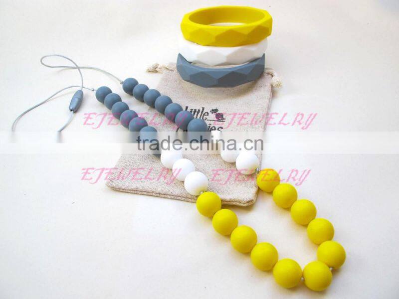 gray white&yellow 8mm round silicone teething beads necklace breakaway clasps copper teething necklace teething Baby TN049