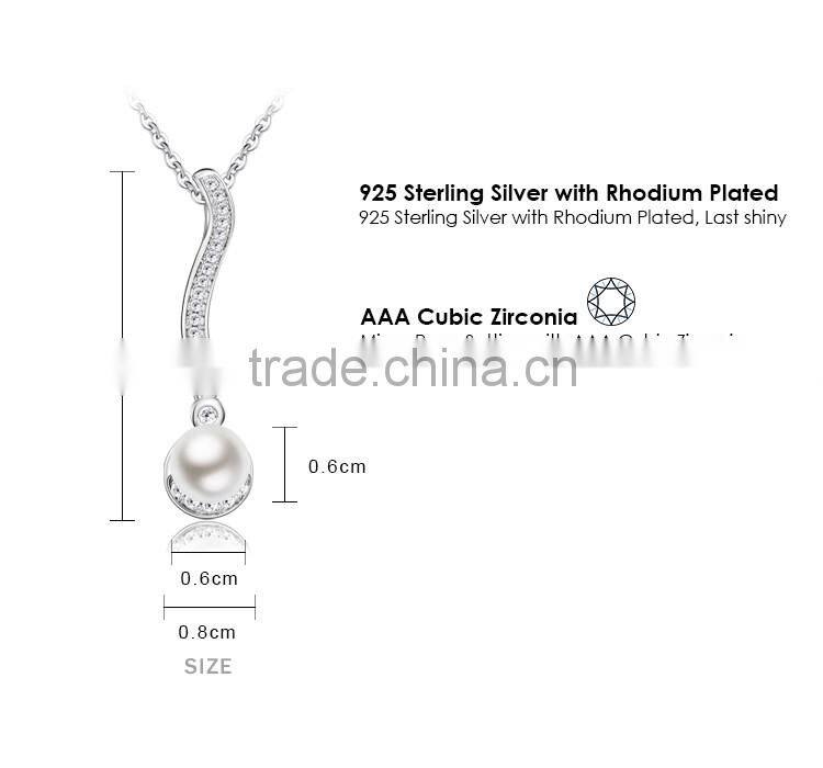 Simple Design 925 Silver Pearl Dangling Pendant Necklace for Party & Wedding