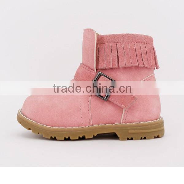 New Design Girls Pink Suede Leather Buckle Strap Boot with Tassel