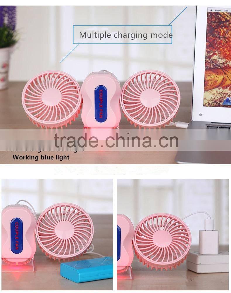 Couple fan rotate Foldable Double fans heads Handheld Rechargeable Portable Mini Usb Fan