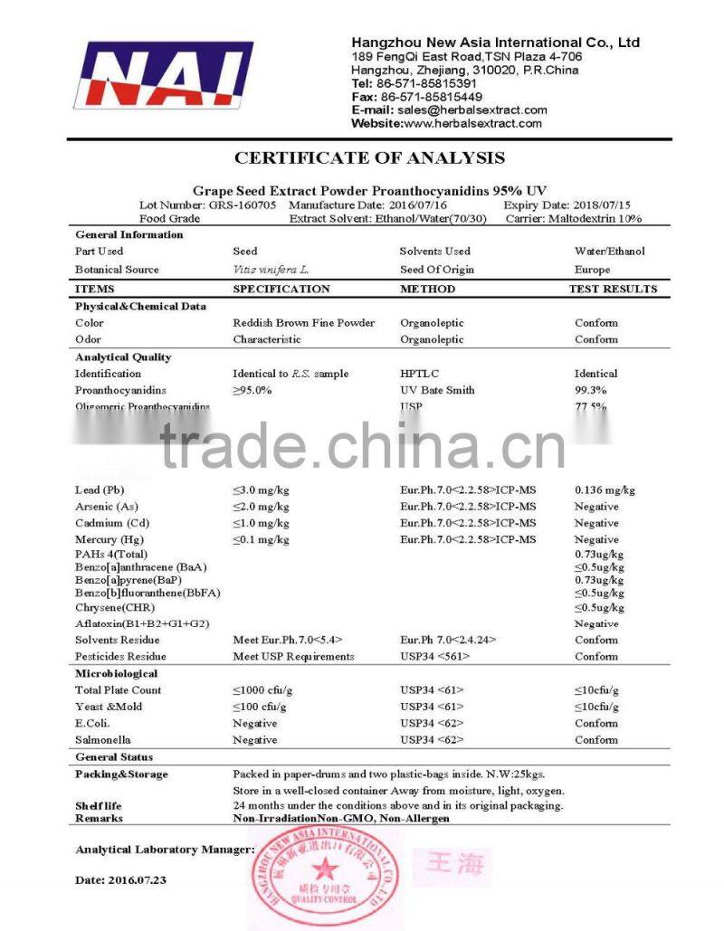 Pure Grape Seed P.E.,ID 100% Vitis vinifera,OPCs 95% USP Grade,Low Pesticides,Aflatoxin,PAHs