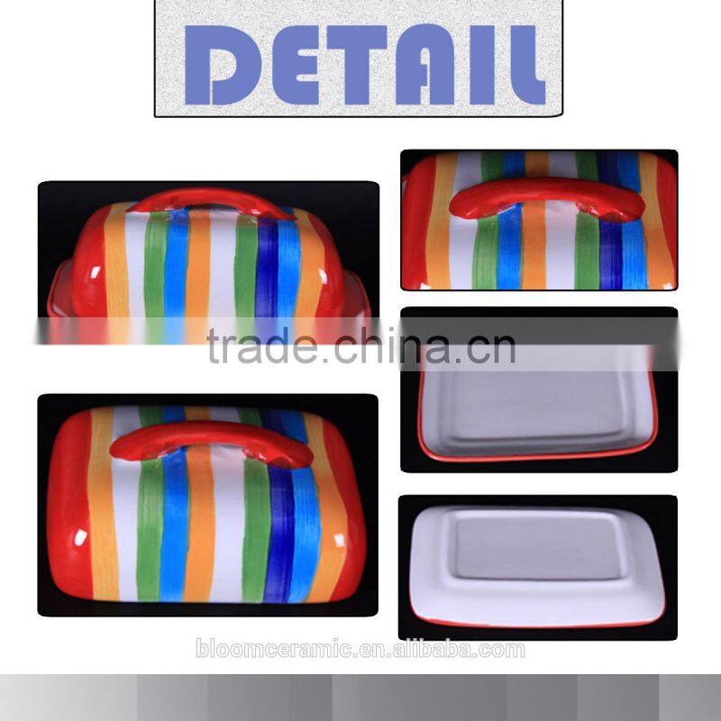 China wholesale handpaint stripe ceramic butter dish with lid