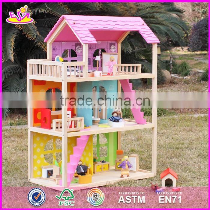 2017 new products customized pink wooden girls dolls house W06A171