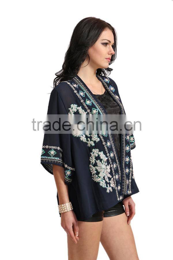 2015 New Arrival Chiffon Embelish Embroider Sequin Top