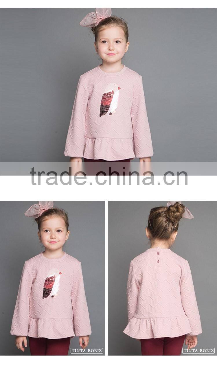 2017 Spring Fashion Sequins Pattern t Shirt With Pleated Hem Kids Party Wear