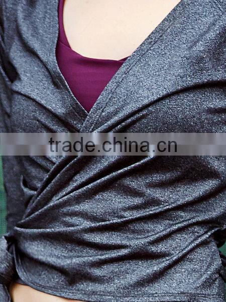 2016 Fashion wholesale Gray Bandage Surplice Neck Chinlon Cropped Jacket for womens